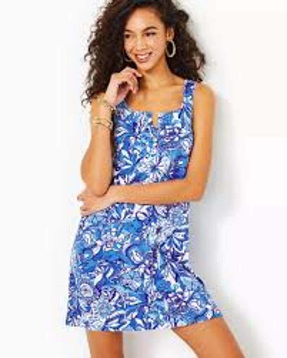 Lilly Pulitzer Lela Henley Tank Dress Womens Size Medium Blue Tang Flocking NWT